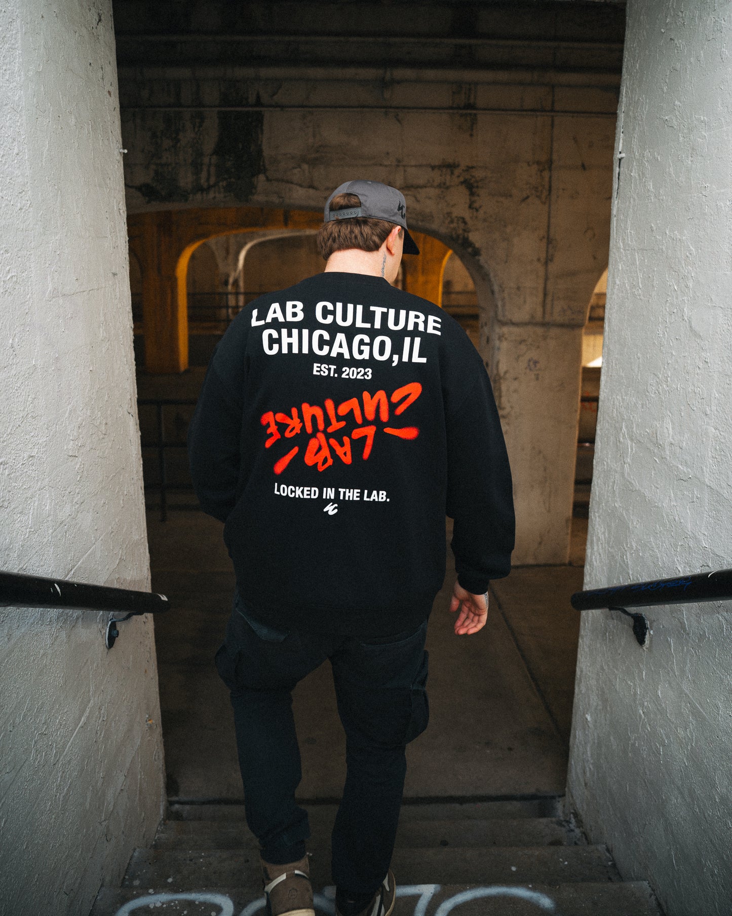 LOCKED IN THE LAB CREWNECK SWEATSHIRT - BLACK / RED