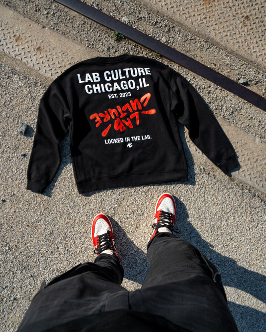 LOCKED IN THE LAB CREWNECK SWEATSHIRT - BLACK / RED